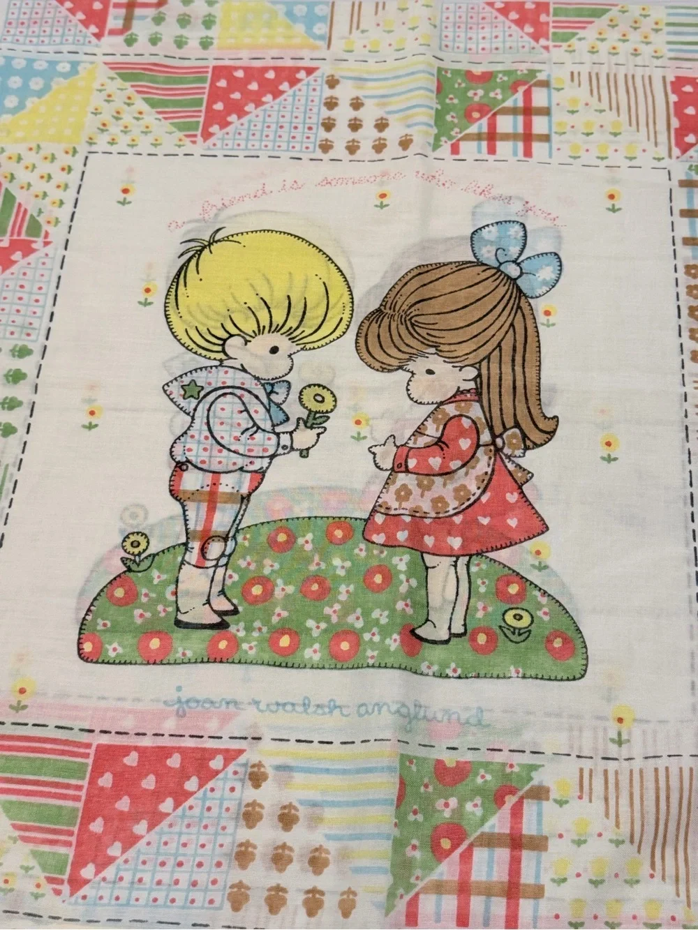 Vintage Style Children's Pillowcase with Pastel Patchwork and Illustration